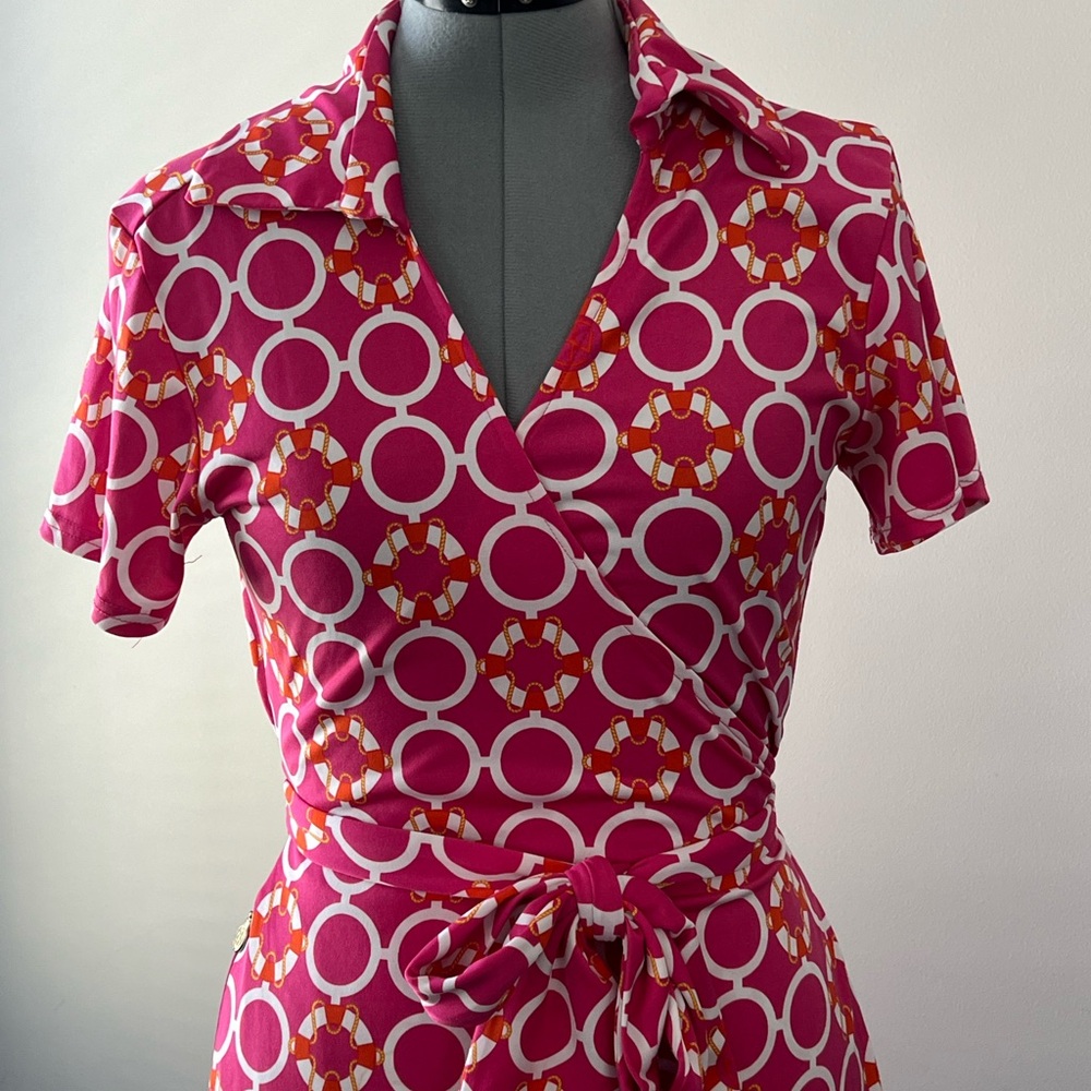 Pink and White Geometric Wrap Dress